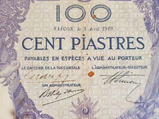 INDOCHINA 100 Piastres 1919 France / French printing China RARE 7