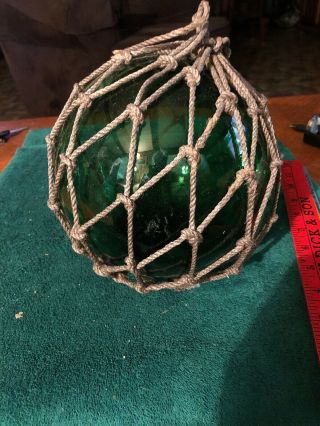 Lg Vtg Japanese Floating Green 8” Glass Ball With Net