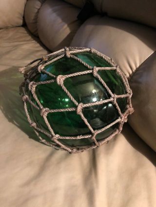 Lg Vtg Japanese Floating Green 8” Glass Ball With Net 4