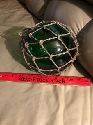 Lg Vtg Japanese Floating Green 8” Glass Ball With Net 5