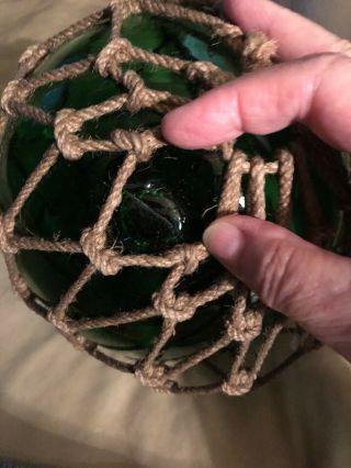 Lg Vtg Japanese Floating Green 8” Glass Ball With Net 6