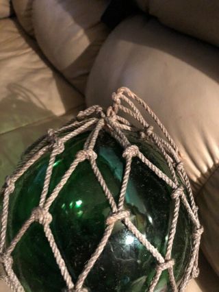 Lg Vtg Japanese Floating Green 8” Glass Ball With Net 7