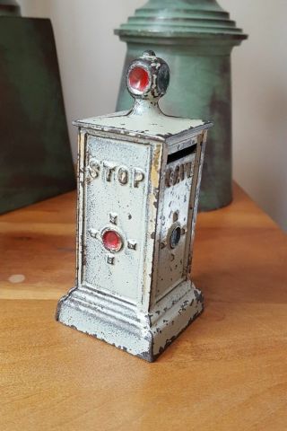 Antique Dent Cast Iron Stop Sign “stop & Save” Traffic Light Bank - C1920 Sm2
