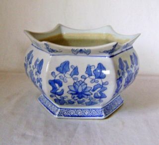 Vintage Chinese Porcelain Blue & White Planter : Hexagonal Shape Bonsai Pot