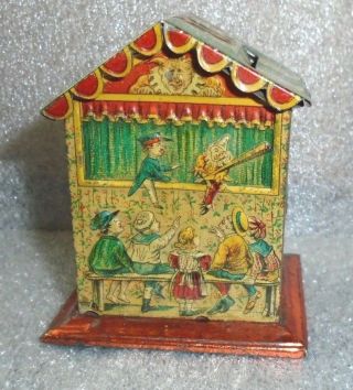 Rare Antique Tin Litho German Penny Toy Punch & Judy Bank With Key