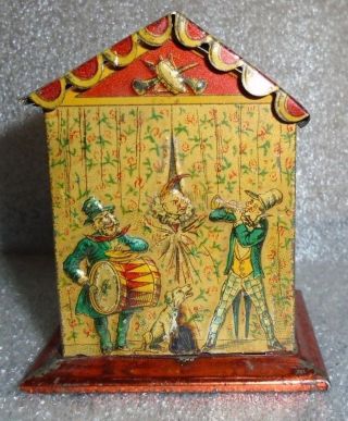 rare antique tin litho German penny toy Punch & Judy bank with key 3