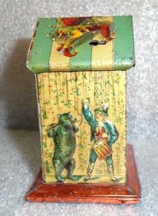 rare antique tin litho German penny toy Punch & Judy bank with key 4