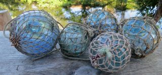 Japanese Glass Floats Antique Netted (3) 3 " & (2) 2 " Fishing Balls Vintage