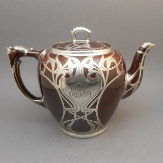 Vtg Sterling Silver Overlay Deposit Porcelain Teapot Art Nouveau Iris Poss Lenox