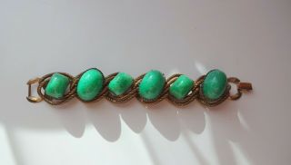 Vtg Mid - Century Green Peking Glass Cabochon Dome Stone Chunky Bracelet Rare Wow