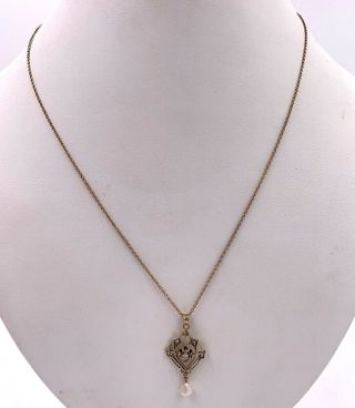 10k Yellow Gold Victorian Diamond & Seed Pearl Lavalier 18” Necklace