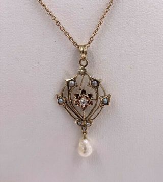 10k Yellow Gold Victorian Diamond & Seed Pearl Lavalier 18” Necklace 2
