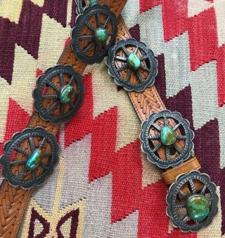 RARE OLD PAWN NAVAJO SILVER & TURQUOISE NATIVE AMERICAN CONCHO BELT & BUCKLE 11