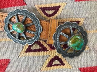 RARE OLD PAWN NAVAJO SILVER & TURQUOISE NATIVE AMERICAN CONCHO BELT & BUCKLE 12
