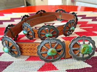 Rare Old Pawn Navajo Silver & Turquoise Native American Concho Belt & Buckle