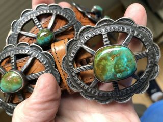 RARE OLD PAWN NAVAJO SILVER & TURQUOISE NATIVE AMERICAN CONCHO BELT & BUCKLE 2