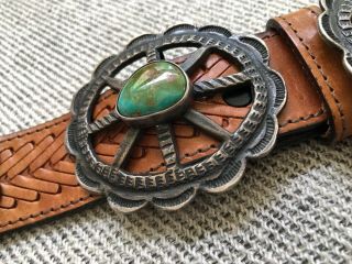 RARE OLD PAWN NAVAJO SILVER & TURQUOISE NATIVE AMERICAN CONCHO BELT & BUCKLE 4