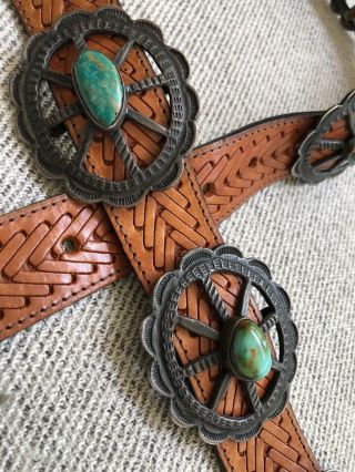 RARE OLD PAWN NAVAJO SILVER & TURQUOISE NATIVE AMERICAN CONCHO BELT & BUCKLE 5