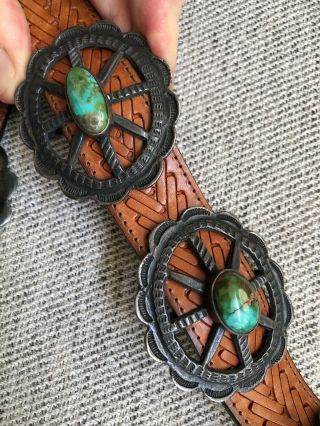 RARE OLD PAWN NAVAJO SILVER & TURQUOISE NATIVE AMERICAN CONCHO BELT & BUCKLE 7