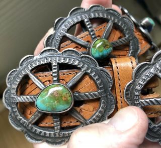 RARE OLD PAWN NAVAJO SILVER & TURQUOISE NATIVE AMERICAN CONCHO BELT & BUCKLE 8