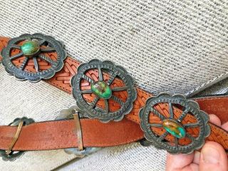 RARE OLD PAWN NAVAJO SILVER & TURQUOISE NATIVE AMERICAN CONCHO BELT & BUCKLE 9