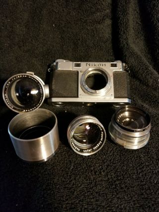 Vintage 1950 ' s 35mm Nikon S Rangefinder Camera with 3 lenses and accessories 2