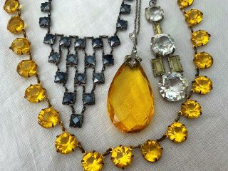 Vintage Antique Art Deco Citrine Yellow Glass Paste Riviere Open Back Necklace 4