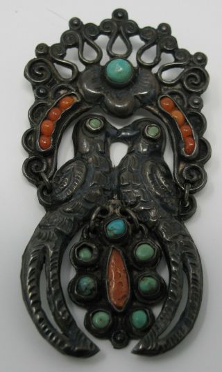 Vtg Matl Ricardo Salas Quetzal Bird Coral Turquoise 925 Silver Pin Brooch Mexico