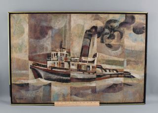 Large Authentic 1968 Engstrom Cubist Modernist Abstract Tugboat Oil Painting Nr