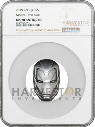 2019 Iron Man Mask - 2 Oz.  Silver Coin - Ngc Ms70 Antiqued - W/ogp & Silver