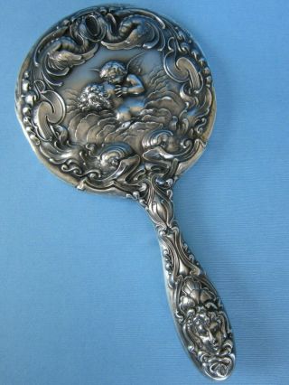 Antique Unger Bros.  Sterling Silver Art Nouvea Hand Mirror Love 