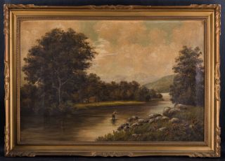 Large Antique Hudson School Oil Painting " Fishing In River "