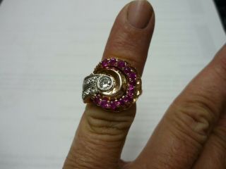 Antique Retro Large Diamond & Red Ruby Cocktail Ring 14K Pink Rose Gold Size 4.  5 10