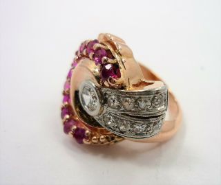 Antique Retro Large Diamond & Red Ruby Cocktail Ring 14k Pink Rose Gold Size 4.  5