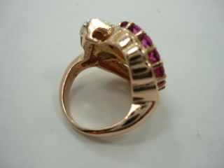 Antique Retro Large Diamond & Red Ruby Cocktail Ring 14K Pink Rose Gold Size 4.  5 3