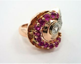 Antique Retro Large Diamond & Red Ruby Cocktail Ring 14K Pink Rose Gold Size 4.  5 6