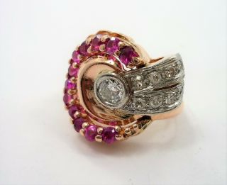 Antique Retro Large Diamond & Red Ruby Cocktail Ring 14K Pink Rose Gold Size 4.  5 7