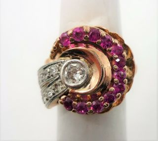 Antique Retro Large Diamond & Red Ruby Cocktail Ring 14K Pink Rose Gold Size 4.  5 8