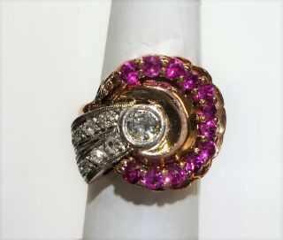 Antique Retro Large Diamond & Red Ruby Cocktail Ring 14K Pink Rose Gold Size 4.  5 9