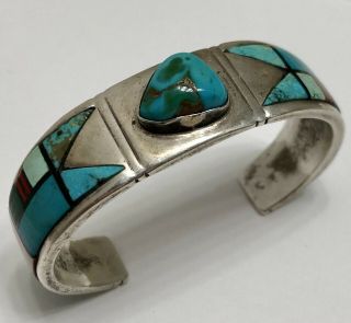 Vintage Native American Sterling Silver Turquoise Inlay Multistone Cuff Signed