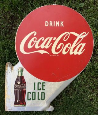 Vtg 50s 1955 Coca Cola 2 Sided Metal Flange Sign Rare Coke Soda Pop Ex,