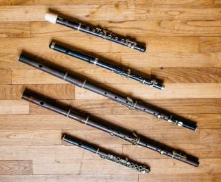 Five Antique French Wooden French Flutes,  Piccolo,  Recorder