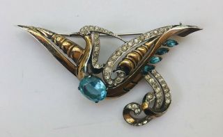 Mazer Sterling Silver Glass Blue Rhinestone Bird Phoenix Brooch