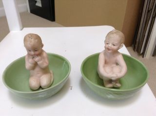 Antique German Heubach Bisque Porcelain Naked Baby In Green Basin Bowl 2 Babies