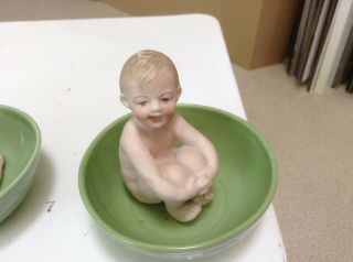 Antique German Heubach Bisque Porcelain Naked Baby In Green Basin Bowl 2 Babies 2