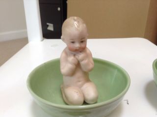 Antique German Heubach Bisque Porcelain Naked Baby In Green Basin Bowl 2 Babies 3