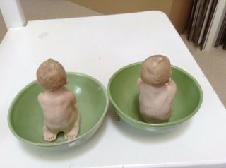 Antique German Heubach Bisque Porcelain Naked Baby In Green Basin Bowl 2 Babies 4