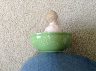 Antique German Heubach Bisque Porcelain Naked Baby In Green Basin Bowl 2 Babies 5