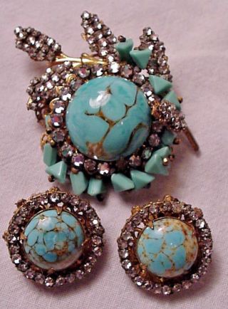 Miriam Haskell Stunning Turquoise Art Glass & Rhinestones Pin Brooch Earring Set