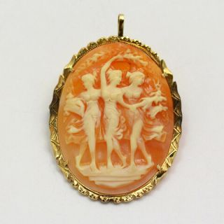 Antique 14k Yellow Gold " 3 Graces " Carved Shell Cameo Brooch / Pendant